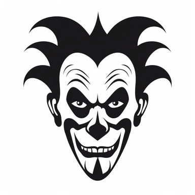 black and white silhouette of a scary halloween clown, clipart style, white background, thick lines, vector, simple design, flat colour, solid colour, halloweencore