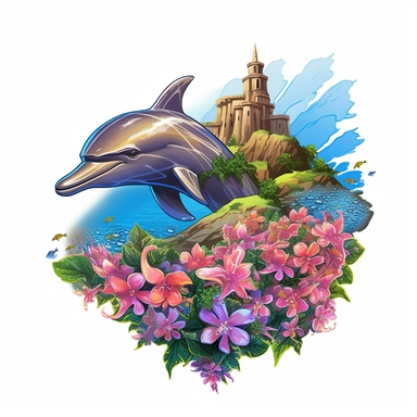 dolphin, close up, a sticker, artwork of t shirt graphic of majestic forest, in digital painting style , beautiful flowers, sunset mountains and clouds , big vines, stone temple covered in vines, white background, colorful fantasy flower sorround , highly detailed clean, vector image, photorealistic masterpiece, professional photography, realistic, flat white background, isometric, vibrant vector, clipart, illustration, realism, 4k, , cinematic, front view, white background, paradise, extremely 