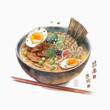 an bowl of japanese ramen, anime art, authentic ramen, watercolor, white background, clipart