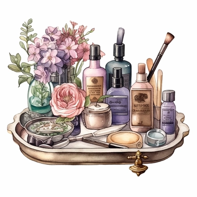 watercolor, hyper realistic, white background, white margins, 16k, ultra detailed clipart, cut out image, hand-drawn An antique-inspired vanity tray with vintage perfume bottles arranged on it, accompanied by a mirror, a brush, and other beauty accessories. Use soft and muted colors such as dusty rose, antique gold, lavender, and sage green for a vintage-inspired palette