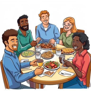 a multicultural lunch between coworkers where veryone brings a meal from their cultural origins. The image has a clear colored background and some white space on top of the image. Everyone is happy. Must but in clipart, cartoon style