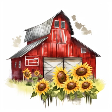 a watercolor of a sunflower barn scenery, cherry academy style, cherry red nuances, vector free clipart illustration, in the style of unreal engine 5, 32k uhd, detailed features, white background