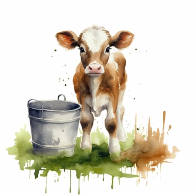 realistic watercolor baby cow standing on a green grass with milk buckets in a farm barn background, on solid white background, clipart