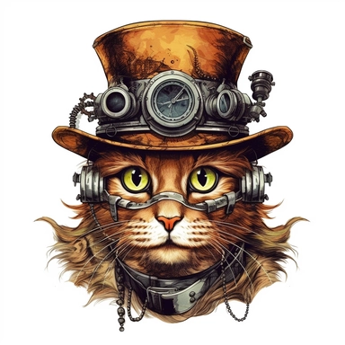 steampunk cat, dirty style Sublimation Clipart, isolated on white background