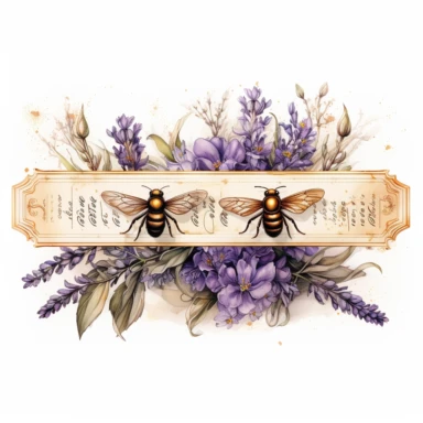no background, clipart of a ticket with bees and lavender, vintage style , watercolour