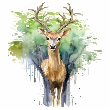 an adorable Deer behind a tree in the style of watercolour clipart with detailed brush strokes