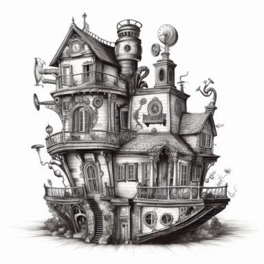 scary horror Steampunk one house Clipart, Retro Futuristic Victorian Era Art, white background