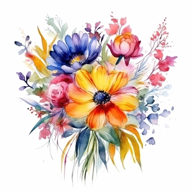 watercolor summer flower group for corner of invitation, clipart isolated on clear white background, bright colors, boho, lithograph, 32k uhd, textural