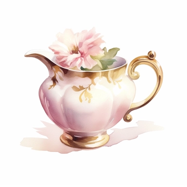 victorian era style creamer pithcher with flower motifs on it clipart isolated on a white background, clean edges around image, in the style of realistic watercolors illustrations, blush pink cream and soft shiny gold pastel color palette, in brush style of Willem Haenraets, feminine sensibilities, detailed illustrations, heavy shading, delicate painterly touch, 300 dpi