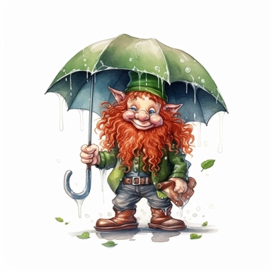 Cute Adorable magical little leprechaun with a cylinder hat and a red beard holds laterally a umbrella in his hand wears a raincape and stand in the rain on a country road, clipart, photorealistic illustration, watercolor, high detail, 8k polished, 8k, vibrant colors, white background