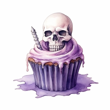 delicious halloween cupcake with grave stones , watercolour illustration clipart, extremely detailed, 4k, high quality, colour scheme black, silver and purple , isolated on white background
