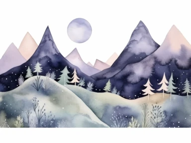 Simple mountain range with Whimsical rolling hills and mountains for a children's book, night scene, watercolor, clipart, white background,