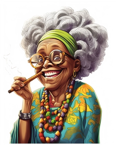 laughing funny Comic Book style Sassy hip African American Boho chic Grandma with long rope style dreadlocks puff puff pass Smoking blunt between her lips holding a cigarette lighter in one hand clipart
