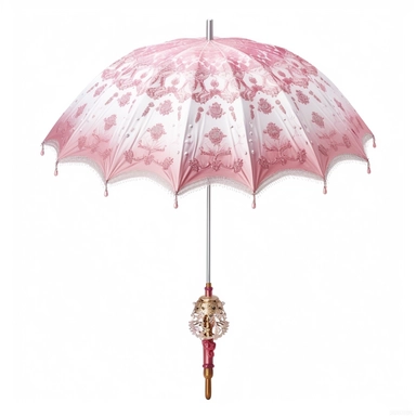 pastel pink and white princess ornate parasol upright side view photo realistic clipart with white background straight handle