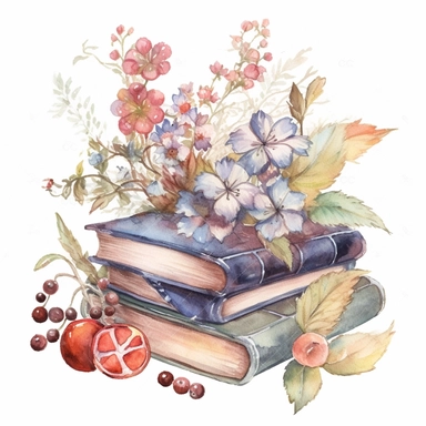 clipart, watercolor, illustration of old books surrounded by flowers and berries, in the style of enchanting watercolors, nature-inspired forms, no background