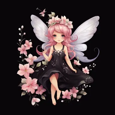 cute fairy with cherry blossoms clipart, watercolor style, Black Background