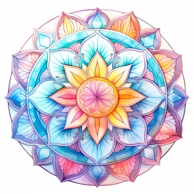 commercial shot of watercolor clipart of mandala style stained glass clipart, luminescent colors, whimsical, sublimination clipart god rays, 80's anime style, fantasy, high quality watercolor style clipart, intricate detail, isolated on white, award winning,