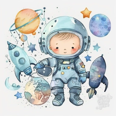 Space watercolor nursery baby boy clipart cute astronaut planets rockets no text