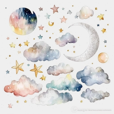 clouds, moon,stars, watercolor,all white background, clipart