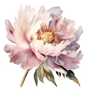 One Dusty pink and white peony flower, big blooms, with muted green whispy foliage with gold flicks, elegant and beautiful floral clipart for wedding invitations, delicate, watercolor, oil painting, defined edge on white background