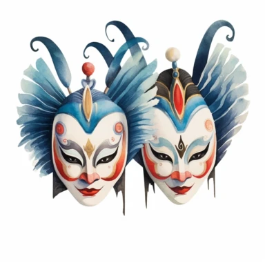 a China Peking Opera Masks in the style of watercolour clipart with detailed brush strokes