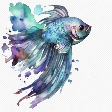 Watercolor betta fish clipart, white isolated background, space out, hd