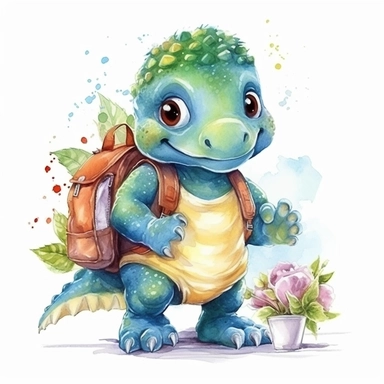 High resolution, cute baby dinosaur with backpack to school, watercolor clipart, white background for removing background