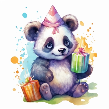 cute Panda character wearing birthday clothes and birthday element with happy face,front facing on isolated background,with happy face and expression,Animal Sublimation Clipart,no splash watercolor,white background, ultra detailed clipart, cut out image, colorful watercolor realistic, cartoon style, ultra HD, sharp and clean art