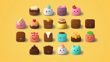 chocolates vector clipart vector chocolates cute animal collection, in the style of #screenshotsaturday, flat areas of color, flat color blocks, 1970–present, rough-edged 2d animation, lightbox, colorful animation stills