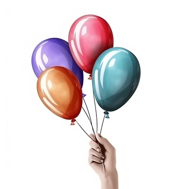 hyper-realistic illustration of a hand holding the strings of four balloons, sticker, clipart, vector, contour, white background