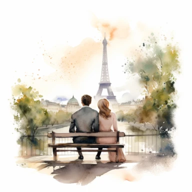 Sweet watercolor clipart of a couple sitting on a park bench in Paris, admiring the view of the Eiffel Tower.