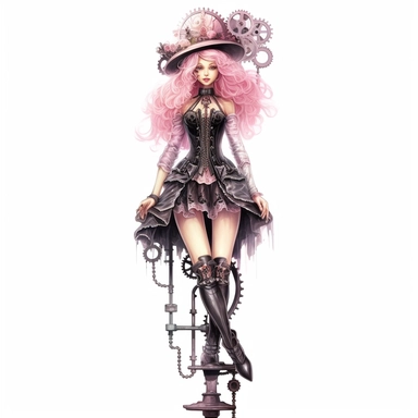 pink watercolor steampunk girl on stilts clipart, metallic, gears, iron pink gray black, 32k. highly detailed