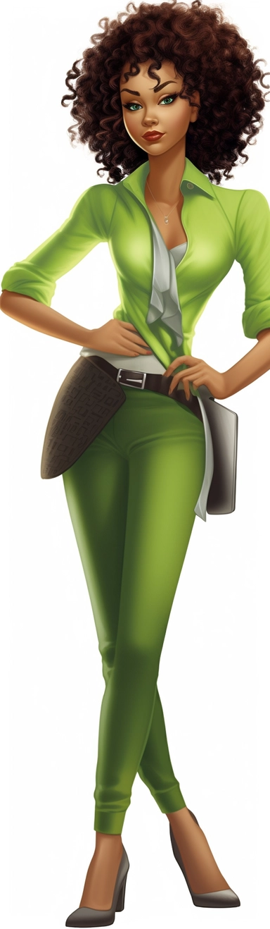 clipart businesswoman in green shirt with a curly hair, in the style of black arts movement, 1970–present, karencore, raymond briggs, daz3d, commission for, sleek lines