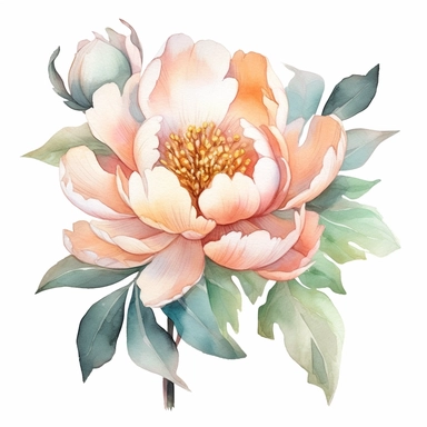 Dreamy pastel peony clipart against a pristine white background. The illustration features a whimsical pastel peony with layers of delicate petals and rich green foliage. The color palette includes soft shades of pink, peach, and mint green. The white background creates a fresh and contemporary setting, accentuating the peony's ethereal beauty. The lighting is soft and diffused, enhancing the flower's dreamlike qualities. The atmosphere exudes a sense of enchantment and elegance.