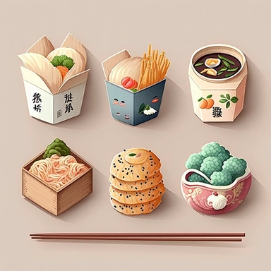 Chinese food emoji pack, isolated, clipart, watercolor, muted colors, pastel colors, realistic watercolor. reference by angela Hao
