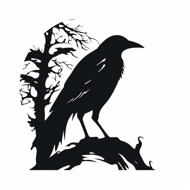 black and white silhouette of a halloween bird from a nightmare, clipart style, white background, thick lines, vector, simple design, flat colour, solid colour