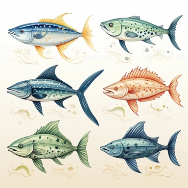 Watercolor set of hand-drawn marine illustrations - mahi-mahi fish, marlin, dolphin, whale, tuna, wahoo, stingray. Character, logo, children wallpaper, doodle. Marine clip art. Ocean, sea inhabitant.