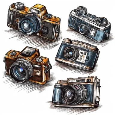 clipart collection of a set of four digital camera ,highly detailed, crisp sharp lines , istock, clip-art, ,, 2070s, steel, , how-to, , harmony of, marker”, , 4, instrument, ultimate, 5, movies, three - dimensional , high quality vector svg white background , organised in rows spaces gap orderly