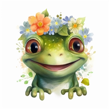 Cute happy smiling frog, clipart with watercolor illustration, cartoon style, flowers on head, smiles, childish, disneyartwork, high solution, white background