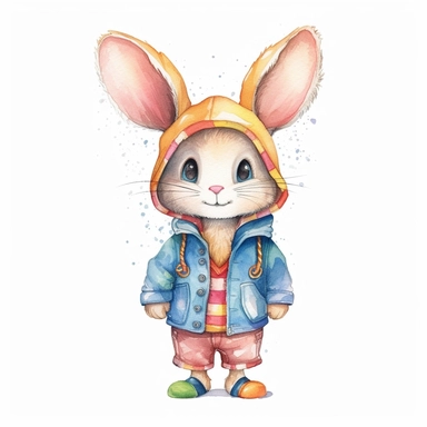 A detailed illustration of a very cute and friendly bunny with a big personality, , wearing clothes, Hand drawn watercolor clipart in the style of Nidhi Chanani on white background