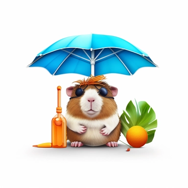 hyper-detailed pom-pom clipart illustration of a happy Guinea Pig, sitting on a beach chair, wearing sunglasses and sipping a cold drink with a funny hat and a tiny paper umbrella, extreme close-up view, isolated on white background with margins, cut-out images, Studio Ghibli-style,