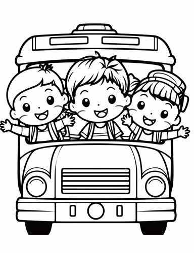 Kawaii school bus transporting happy kids to school For Simple Coloring page,line art, thick lines, black and white,clipart, illustration, on white background,Detailed,Details
