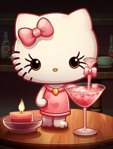 hello kitty drinking a pink cocktail at a swanky bar cartoon clipart watercolor line art 3d 32k hd