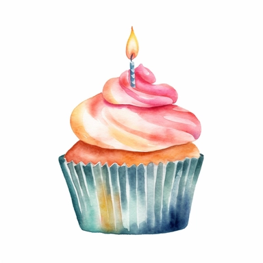 watercolor cupcake with birthday candle clipart, simple cupcake illustration on white background
