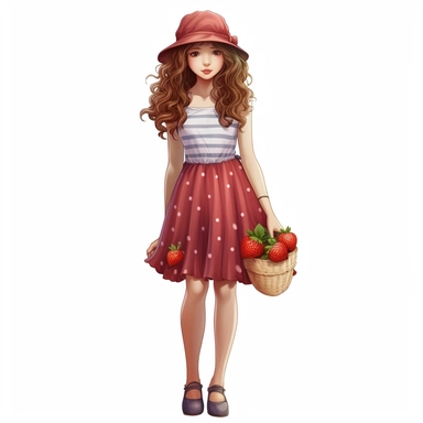 realistic full body of a cute girl long curly hair with red strawberry hat in a dress standing and looking to right side holding a strawberry in collection illustrantion clipart, no watermark, white background