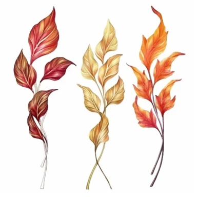 Design a dreamy watercolor clipart of a chinese-inspired Sprays of autumn leaves in shades of red, orange, and gold arranged in a cascading and flowing design composition, hand-painted with soft and graceful brushstrokes. Draw inspiration from the artistic finesse of Ethereal Petals Watercolors for a refined and ethereal depiction. isolated on a white background, hand-drawn illustration, hand-painted watercolor texture, 16k UHD resolution, intricately detailed, sharp focal points, designed by An