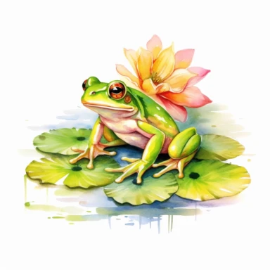 watercolor green frog on lily pad with flowers in the water clipart, white background