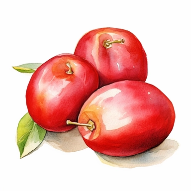 A charming clipart-style watercolor illustration of a Jujube fruit, set against a clean and pristine white background. The Jujube is depicted with a delightful and whimsical touch, showcasing its round shape, vibrant red color, and textured skin in a playful and inviting manner. The watercolor technique adds a soft and organic quality to the illustration, enhancing the natural beauty of the fruit. Each brushstroke and color choice accentuates the Jujube's sweetness and appeal, creating a visuall