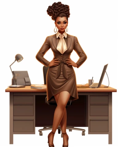 Extremely realistic digital illustration clipart, vector art of ultra beautiful African American woman entrepreneur with beautiful goddess braids, dressed in brown leather business knee length dress suit and bow tie in the year 2023, standing in the center of an office on a white background