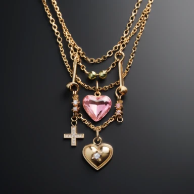 three-layer necklace with yellow gold paper clip chain, color gemstone mini cross charm embellishments around, with pink diamond heart shaped center pendant, ballerina core fused with norm core